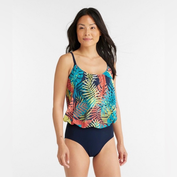 LL.Bean Women’s‎ Multicolor Leaf Blouson Tank Shaping  One Piece Swimsuit Sz L - Picture 1 of 9